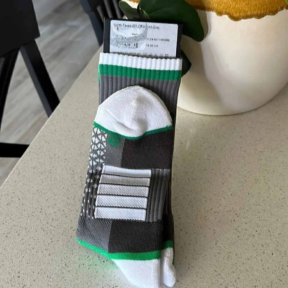 NWT University of North Texas Strideline Gray Socks M/L Knit Striped Crew Sports